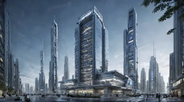 future city building，tall buildings tower，the main building is the highest，night，outer space，spacecraft，space base station，plane...