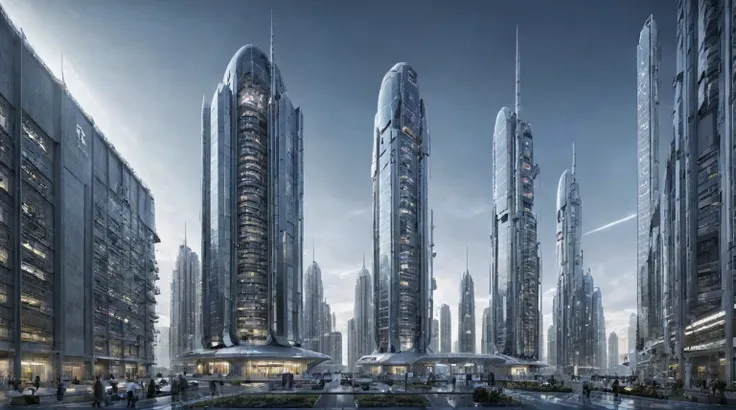 future city building，tall buildings tower，the main building is the highest，night，outer space，spacecraft，space base station，plane...