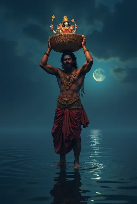  vasudev god in a traditional outfit, standing in a body of  sea night and two hands 
holding  basket on the head with  Krishna god .