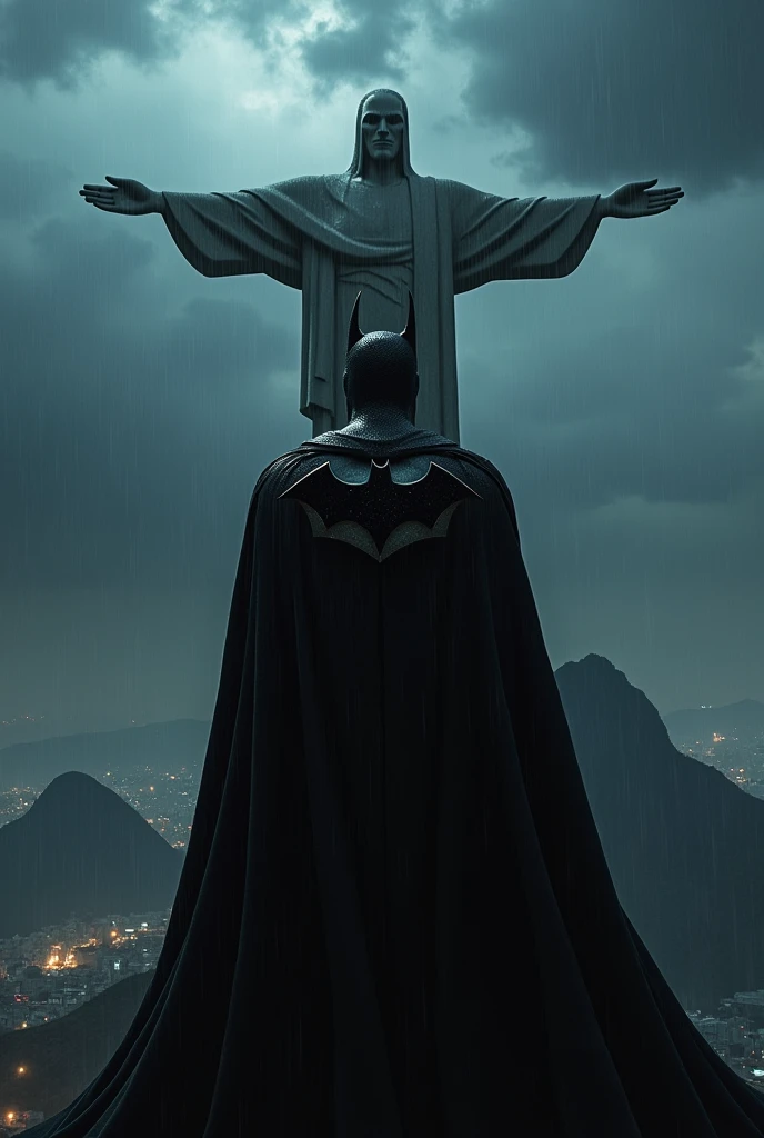 Batman at Christ the Redeemer on a dark and rainy night