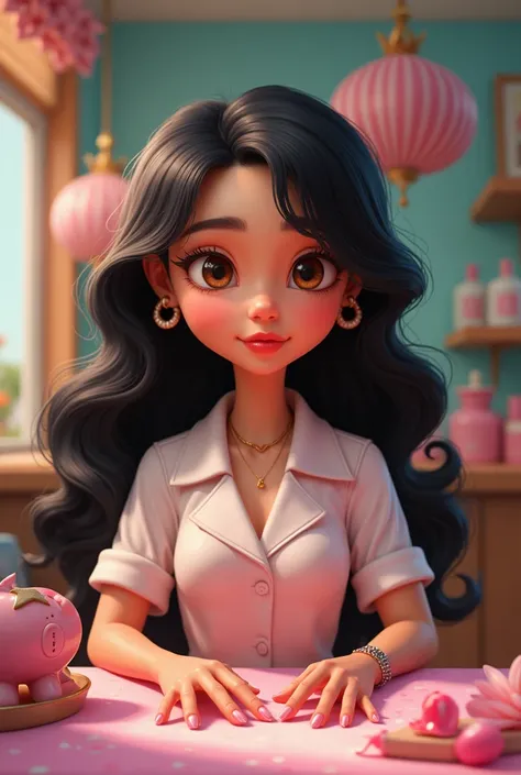 Pixar style poster manicurist brunette long curly black hair brown eyes medium complexion small eyes moon on the jaw nails