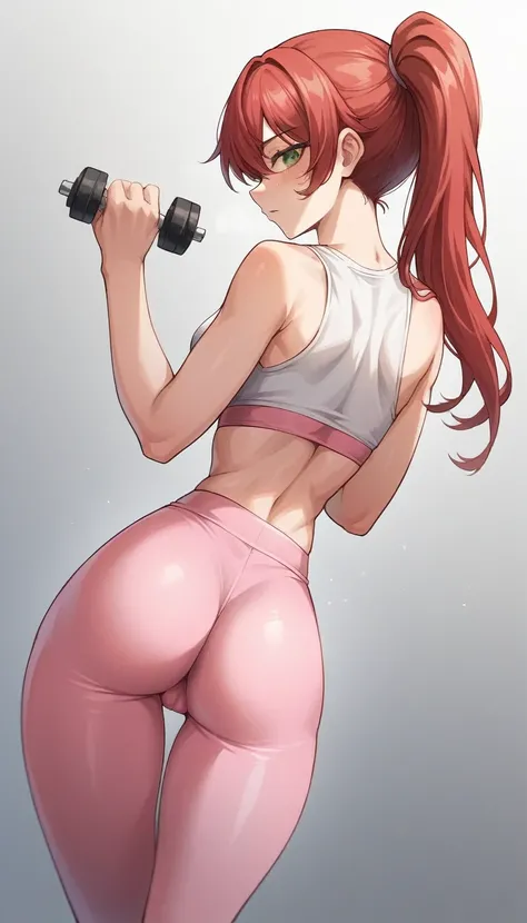 A young girl with red hair, light green eyes, and a few freckles, dressed in workout clothes. She is wearing bright white or pink leggings that are extremely tight and a matching cropped top, accentuating her athletic and well-defined body. The focus shoul...