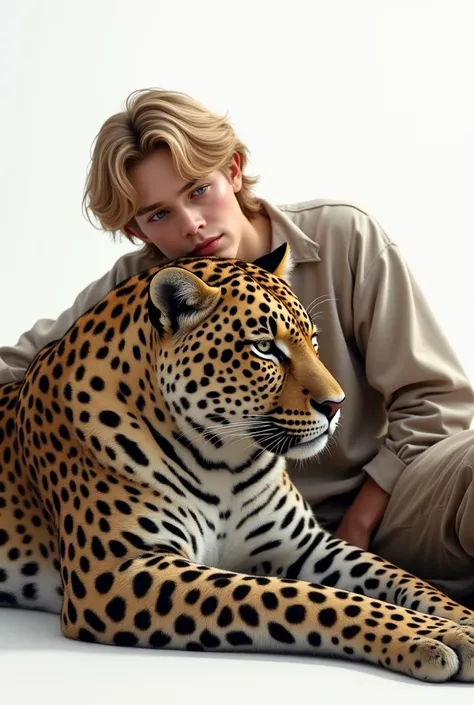 blond haired teenage man lying on the lap of a leopard with a white background that doesn&#39;t look so animated that it&#39;s more realistic