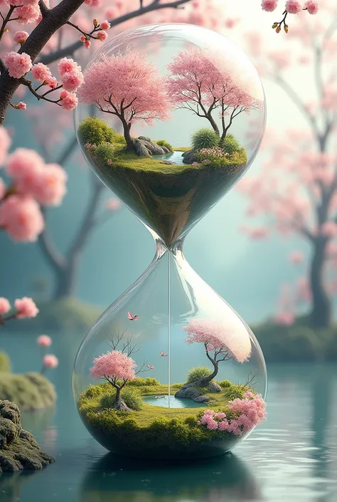 Create nature inside an hourglass with cherry blossoms around the clock
