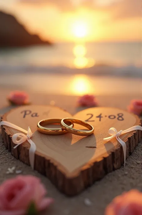 A sentimental beach scene capturing the essence of love and commitment. Two golden rings lie on a heart-shaped wooden plank, symbolizing the bond between Tagnon and Vital. The first ring bears Pau name, while the second one has Marcos name. The rings are a...