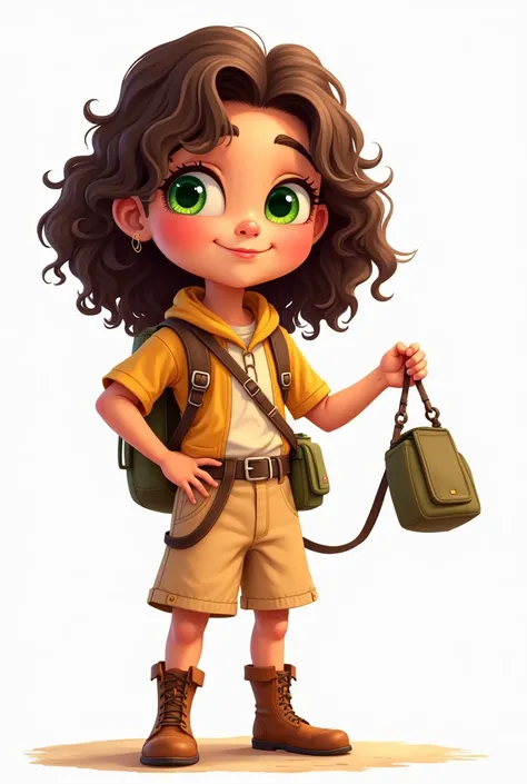 adorable with curly brown hair that falls to her shoulders loose, rebellious locks. Her green eyes shine with curiosity and kindness.., reflecting its friendly nature. His skin is dark, with golden tones reminiscent of the richness of Indian landscapes. He...