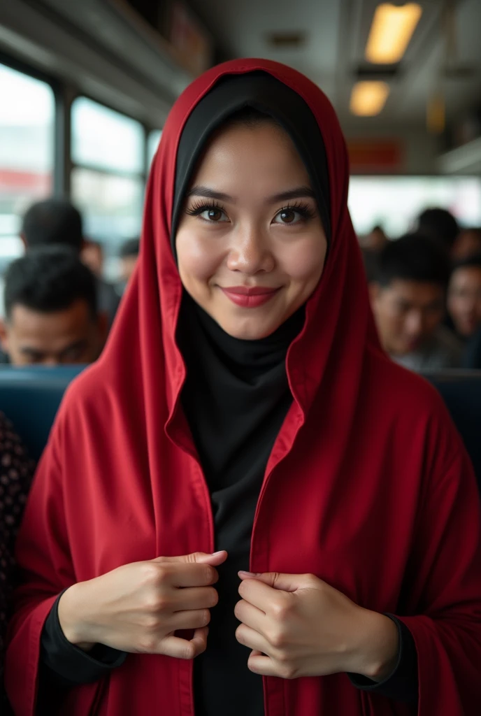 Hijab , portrait half body shoot 1:2 ,(( holding her nipples. Open shirt nude body)). Pov view. Dominance smile. Perfect theeth.shoot by canon r6 Godox v1 Speedlite. Lace hijab. Wear minimalist flower red hijab. (Holding nipples,). Girl average 49. ((All m...