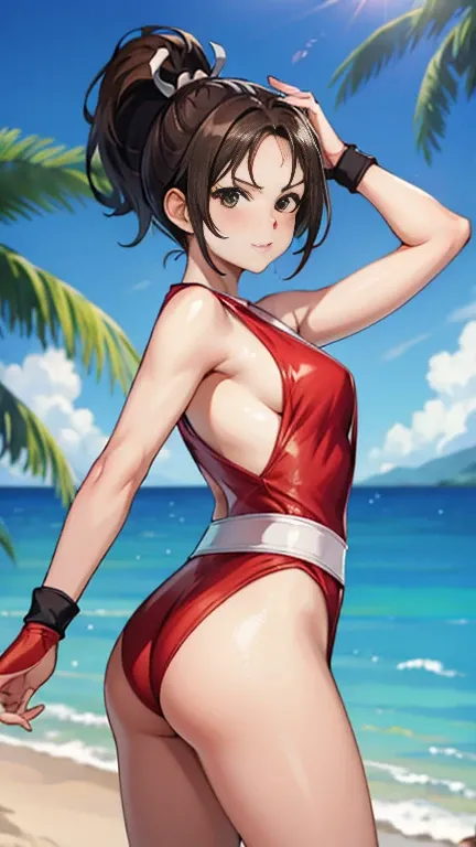 masterpiece, best quality, 1 girl, kinomoto sakura, antenna hair, brown hair, short hair, ponytail, green eyes, school swimsuit, hands behind head, one piece swimsuit, mouth closed, puffing out cheeks, angry, solo, looking at viewer, sea, sand, blue sky, t...