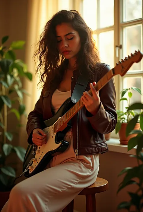 (photorealism:1.2), beautiful woman,wearing leather jacket, pajama pants, long curly hair, indoors, soft lighting, plants in background, window with sunlight, cozy room, electronic Guitar play, realistic, intricate details, warm colors, by Greg Rutkowski, ...