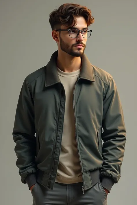 A boy of 1.68 tall, WITH 82 KILOS, WITH GLASSES SHORT HAIR, short beard, LIGHT BROWN SKIN TEST AND HE IS DRESSED IN A DARK CREAM SHIRT, Slim comfort trousers in grey and lightweight bomber jacket in steel colour