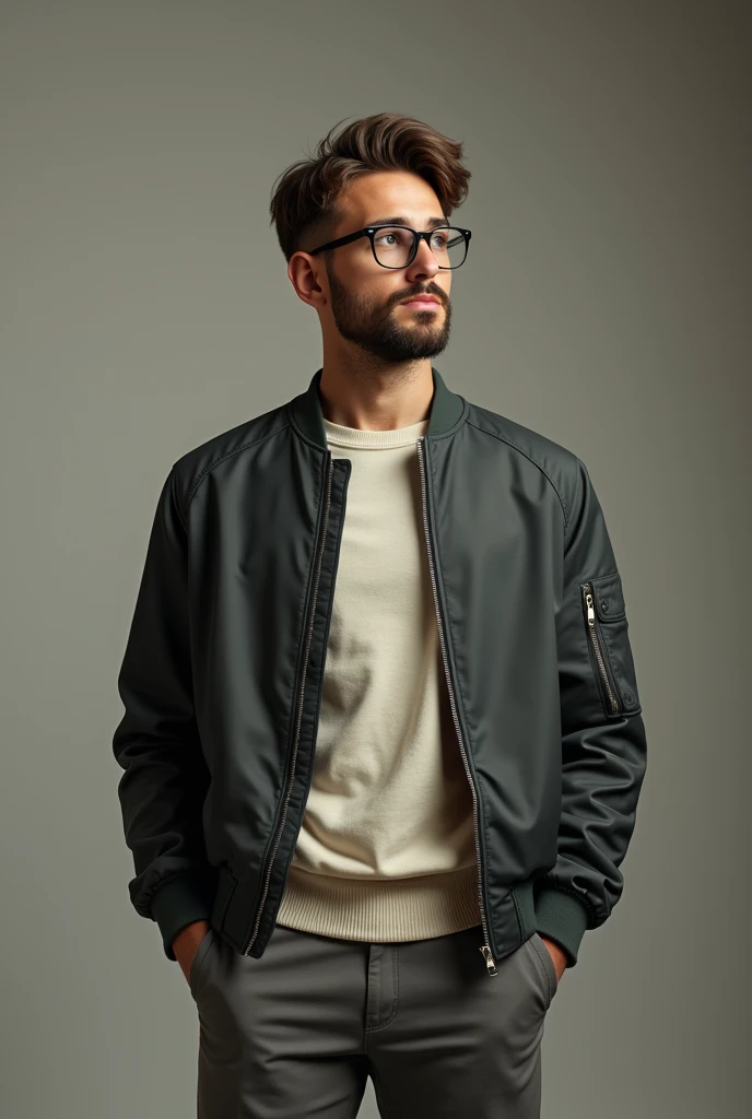 A boy of 1.68 tall, WITH 82 KILOS, WITH GLASSES SHORT HAIR, short beard, LIGHT BROWN SKIN TEST AND HE IS DRESSED IN A DARK CREAM SHIRT, Slim comfort trousers in grey and lightweight bomber jacket in steel colour