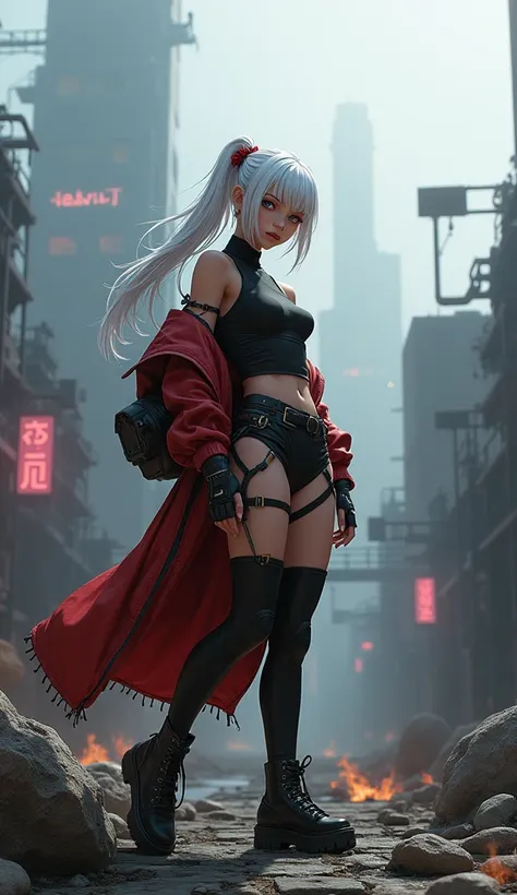 cyberpunk edgerunners, 1girl, lucy (cyberpunk), bare shoulders, blue eyes, breasts, leotard, looking at viewer, medium breasts, off-shoulder jacket, off shoulder, red eyeliner, short hair, sleeveless turtleneck leotard, solo, turtleneck leotard, white hair...