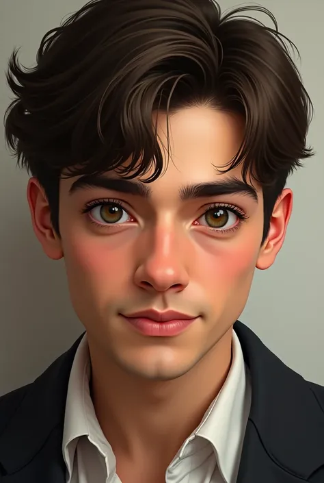 A man with a square shaped face. medium tone skin. Round eyes and striking large eyelashes. Small and defined eyebrows. delicate nose. Medium and defined mouth, sweet smile, delicate and defined chin. Cheek with a hole. Dark brown social cut hair.