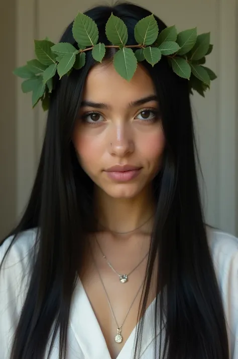 White girl with straight black hair, gorda, with Greek crown of leaves