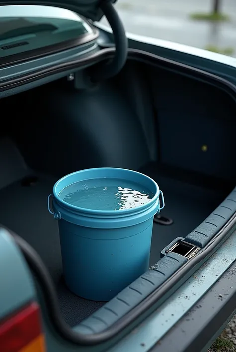 draw a picture of the trunk of a car. Inside the trunk there is a bucket of water