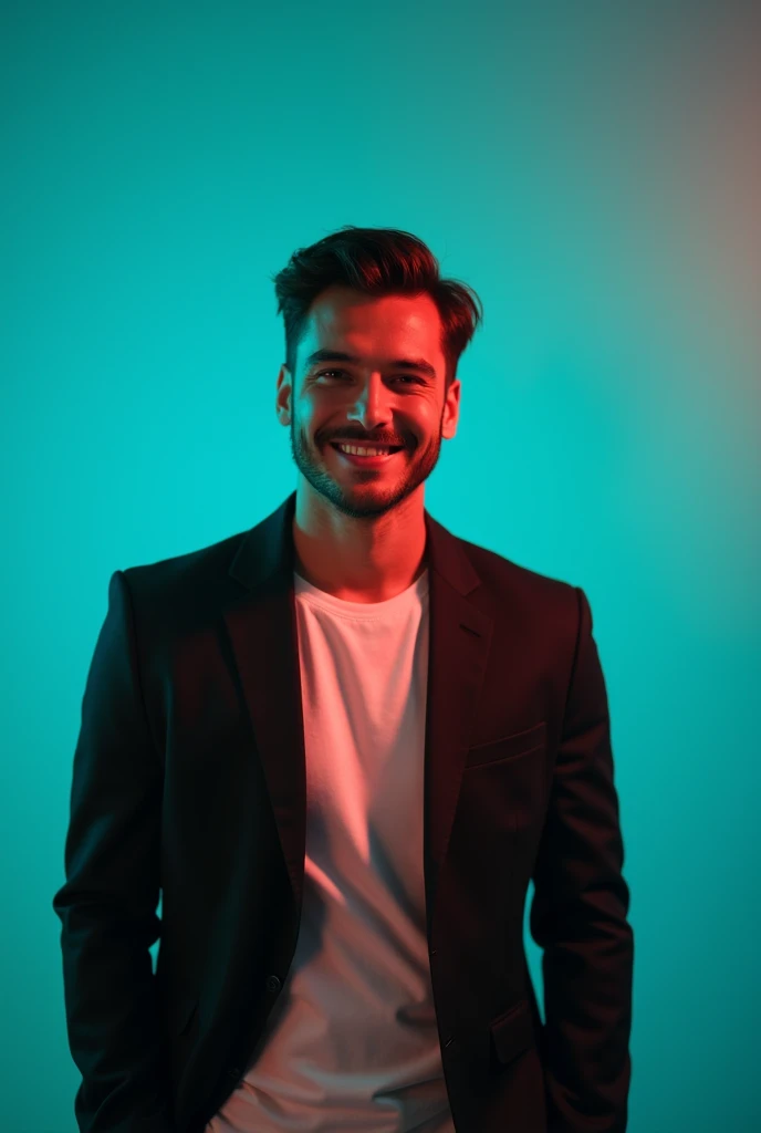 A young Man With Dark hair and a confident smile He is Dressed in a black blazer over a white shirt The man is positioned against aqua colour backdrop with a subtle red lighting on t