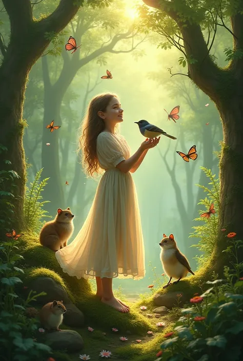 A girl in beautiful forest and playing animals and birds and butterflies 

