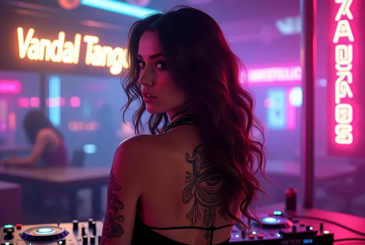 Futuristic DJ WOMAN wavy hair. He has an Egyptian tattoo "Eye of Horus" in the back. Add a bold neon sign "Vandal Tangos" In the scene.