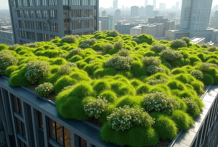 Types of Green Roofs: Extensive: light, low maintenance, with low-growing plants.