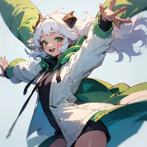 Very happy  with her arms a LITTLE open as if she was holding a SMALL invisible box, with a green and white hooded short jacket, with goat horns and white afro hair, Front view and slightly elevated