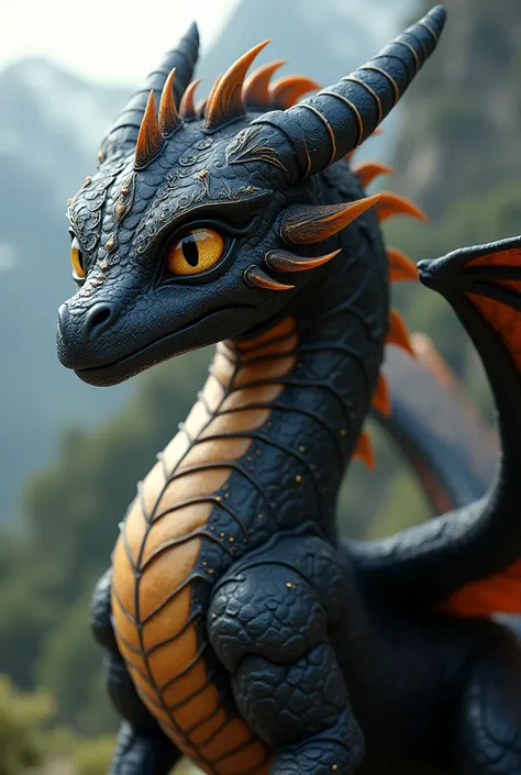 A friendly black dragon with realistic skin detail with golden “veins” and markings across its body and on the edges and ends of its skin  