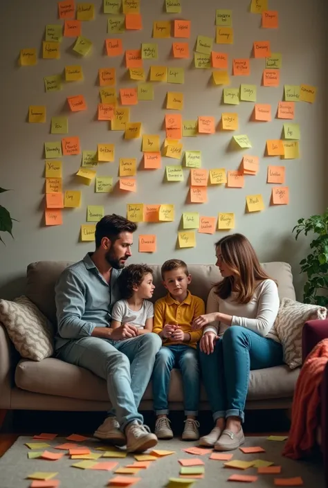 A family surrounded by post-its with labels like "inheritance", "House", "auto", "pet" looking puzzled.
