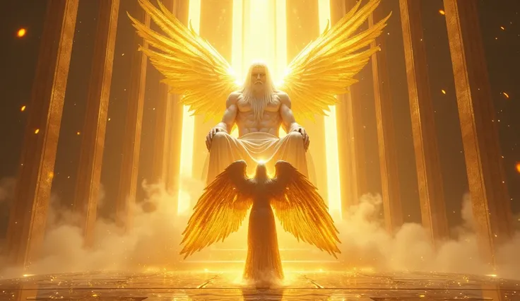 holy paladin, glowing light eyes, glowing golden wingiomechanicals, The colors are very vivid, Light particles, Glowing light angel, wings on angels back, Mshiv, wallpaper art, ultra HD wallpaper, looking upon a super Gigantic God with light covering Gods ...