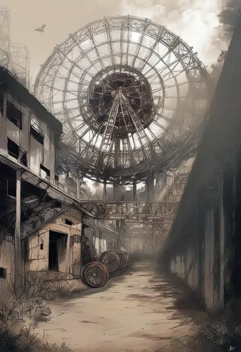 arafed Ferris wheel in front of a small wooden building, post apocalyptic theme park, in abandoned theme park, magical soviet town, Abandoned Circus, Silent Hill in real life, creepy and scary atmosphere, abandoned, Alexander Kobzdey., Time travelers appea...