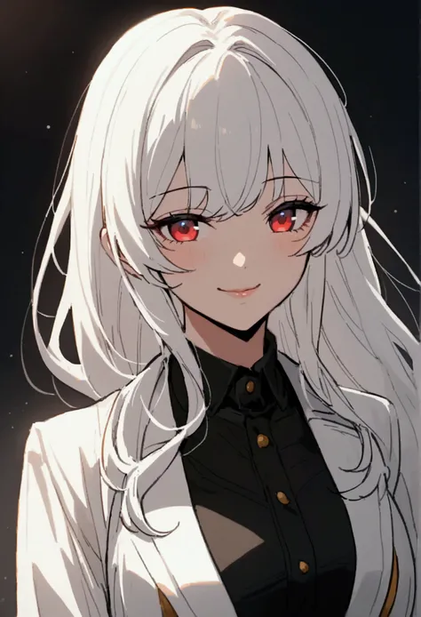 Manhwa adult woman with long white hair and red eyes, wearing a modern outfit. Shes smiling