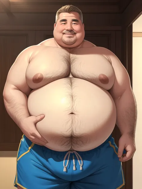 fat daddy, hot daddy, a smiling ((obese old man, chubby, big fat, massive belly, massive fat, huge belly, pectoral, bigger belly)), detailed realistic portrait, 8k high resolution, topless, sumo physique, perfect center, full view, realistic skin texture, ...