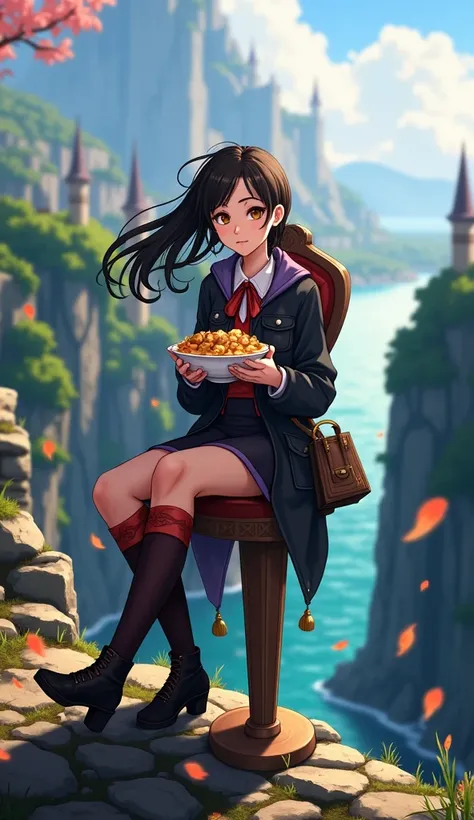 anime girl sitting in chair with a bowl of food in her hand, alchemist girl, light novel cover art, official art, epic light novel art cover, official artwork, epic light novel cover art, , isekai, small curvy , cushart krenz, cushart, cushart krenz key ar...