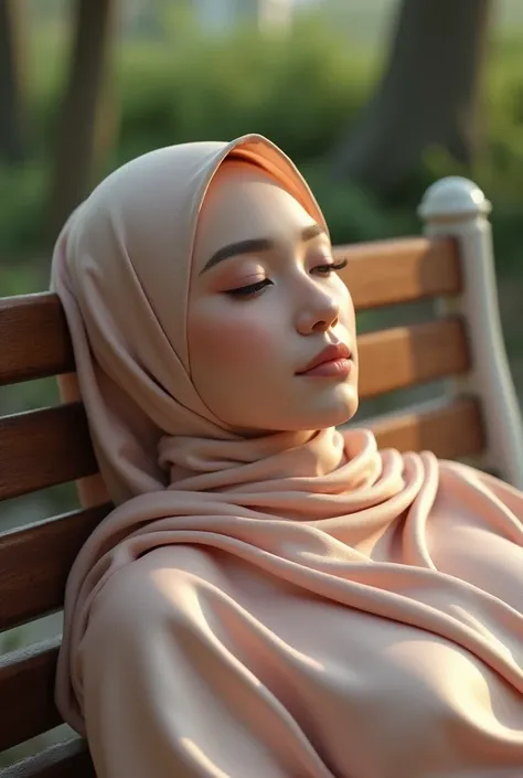 (photorealism:1.2), beautiful Malaysian woman,laying on bench,wearing shiny satin kurung and satin hijab,mucus on the hijab