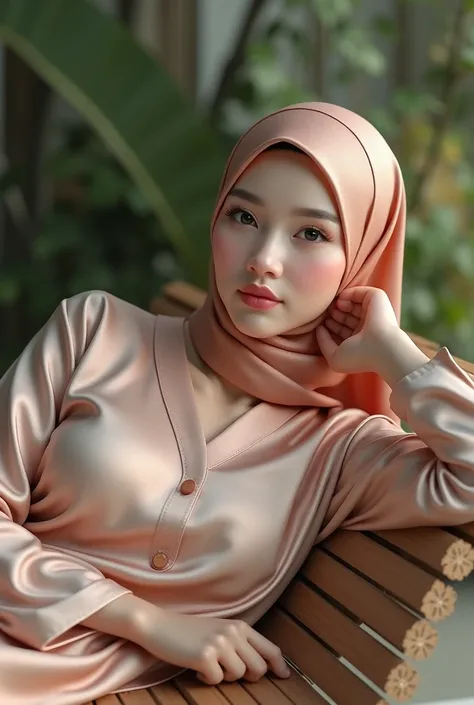 (photorealism:1.2), beautiful Malaysian woman,laying on bench,wearing shiny satin kurung and satin hijab,mucus on the hijab