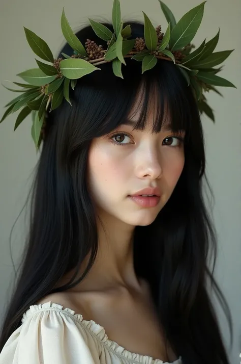 White girl with straight black hair, gorda, with Greek crown of leaves