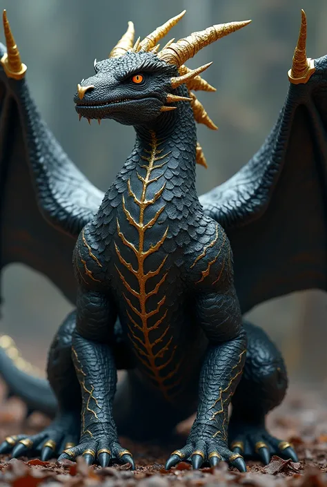 A black dragon with realistic skin detail with golden “veins” and markings across the body and on the edges and ends of its body black dragon with golden details