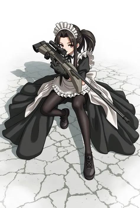 anime girl in black and white dress sitting on the ground holding a heavy sniper rilfe, (ponytail forehead hair pulled back:1.3), (black hair:1.3),1girl, solo, black hair, gloves, holding, weapon, boots, holding weapon, apron, gun, maid, maid headdress, sh...