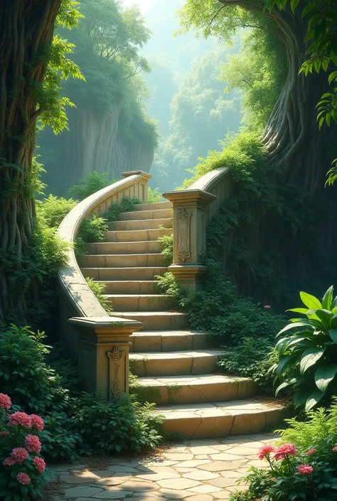 A background with steps and plants surrounding the steps