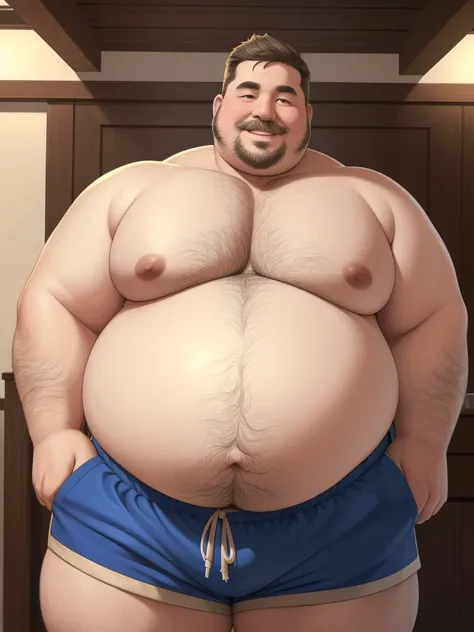 fat daddy, hot daddy, a smiling ((extremely fat, immobile, gigantic belly, obese old man, chubby, big fat, massive belly, massive fat, huge belly, pectoral, bigger belly)), detailed realistic portrait, 8k high resolution, topless, sumo physique, perfect ce...