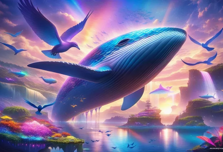 masterpiece, best quality, Very detailed, HD, HDR, Practical, depth, Delicate texture, Super Fine, Completely focused.

A majestic flying whale soars in the vibrant, Fantastic sky. Whale glitter, Rainbow scales reflect the colors of the sunset. Surrounded ...