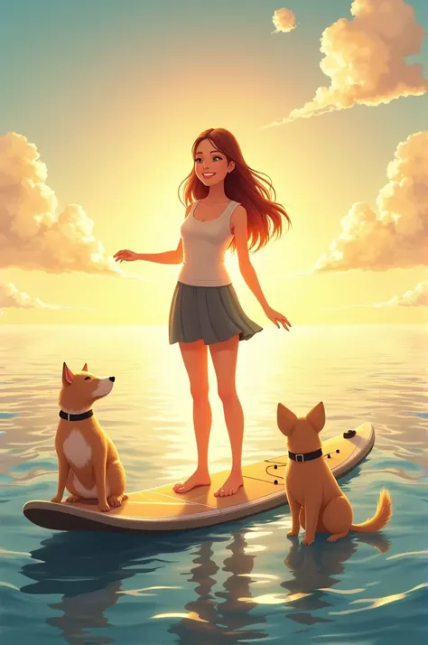 A birthday invitation with a white woman, chestnut hair, smooth and long, very happy, with light energy, on a stand up paddle board with his brown dog and his yellow and black cat watching the sunrise at sea.