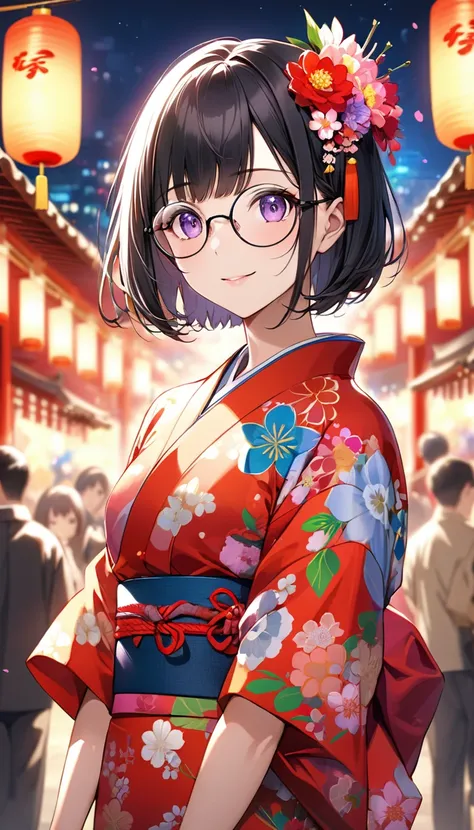 Highest quality、Best image quality、masterpiece、Anime Style、a girl、Beautiful Eyes、black hair, purple eyes、Short bob cut、(sideburns), middle part, (flat chest)、slender、Tight waist、Round Glasses、Beautiful Face、Natural smile、red cheek、night、A large number of p...