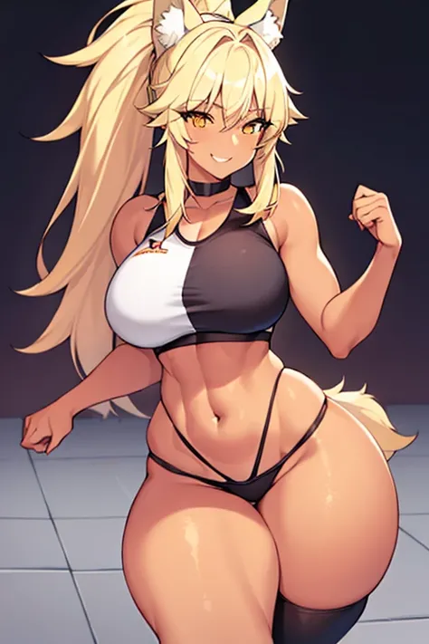 1girl, wolf ears, wolf tail, blonde hair, tan, tan skin, large breasts, thick thighs, yellow eyes, ponytail, sportswear, toned, hourglass figure, mature female, smile, sports bra, highleg, bare legs, light smile