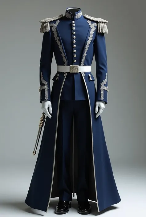 An elegant navy blue baton-wielding uniform with white and silver details

