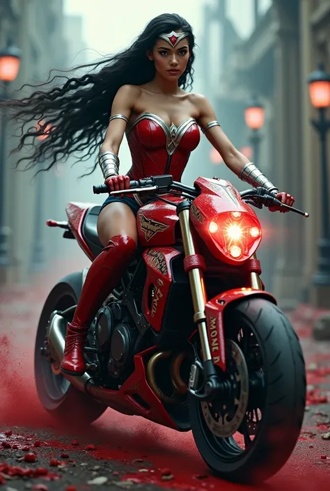 (((A beautiful woman riding a futuristic high-powered motorcycle (((Wonder Woman scale jumpsuit full body suit))),(((Corset rojo Wonder Woman))),(((Black hair gathered in a braided ponytail))),((((Hair six feet long blowing in the wind)))Silver metal diaem...