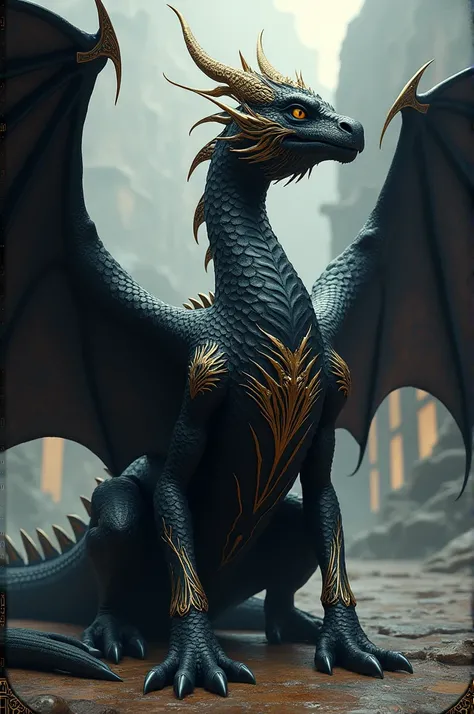 A full-body black dragon with wings with gold veining and edging details, in addition to golden geometries on your body