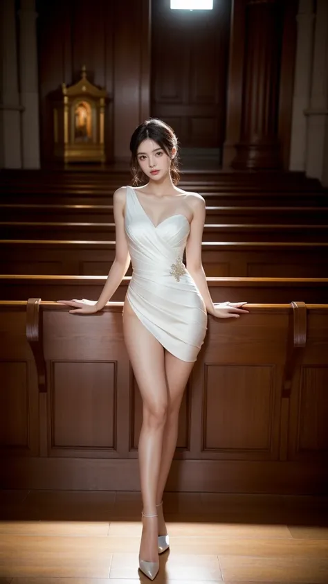 Beautiful 2 tall and slender woman。perfect legs. perfect face. She is fashion model. She is staying in the old classic church. She is wearing a wedding dress. Her one leg is visible and the other is hidden by the dress. She is illuminated by sunset light. ...