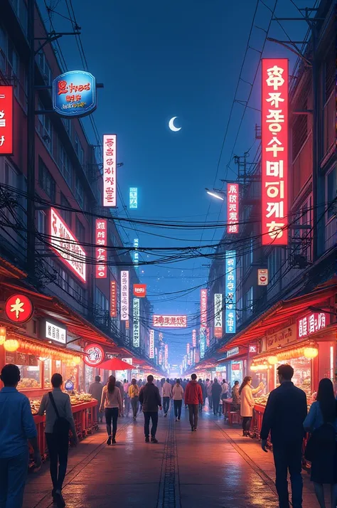 picture, Korean street, downtown, Bustling and bustling, night, neon sign