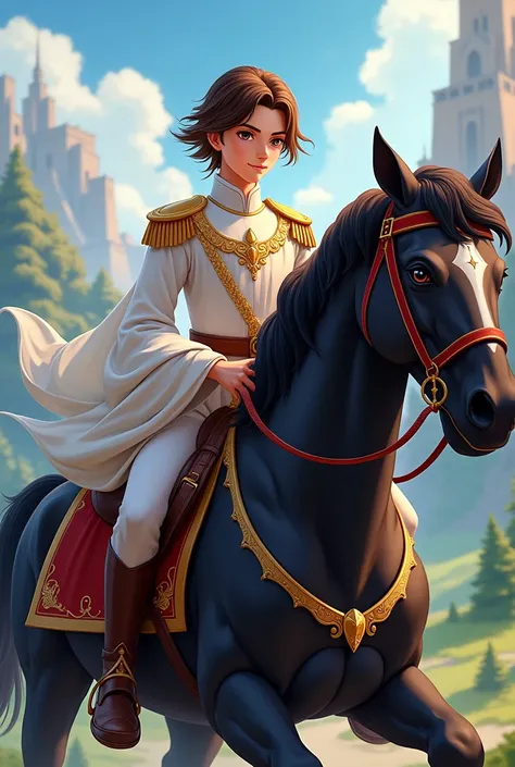 Prince, brown hair with a black horse, anime style 