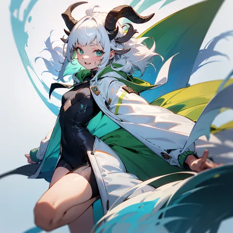 Very happy  with her arms a LITTLE open as if she was holding a SMALL invisible box, with a green and white hooded short jacket, with goat horns and white afro hair, looking at the viewer (your body must follow your gaze) and a little elevated