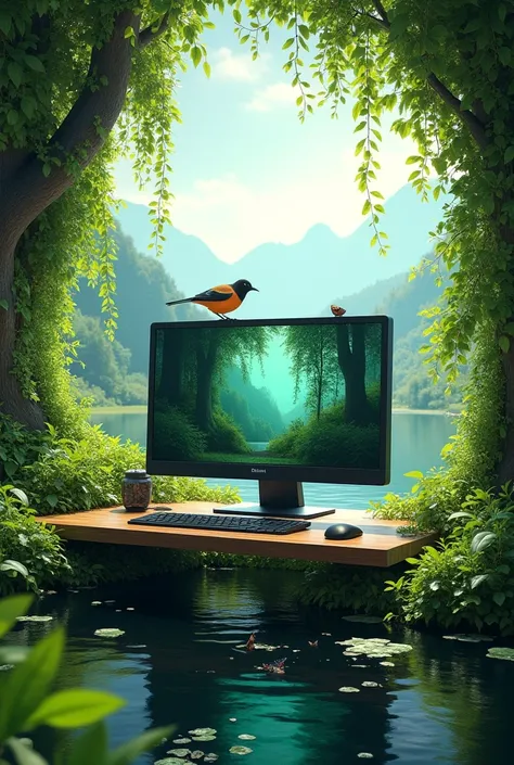 computer with nature around it